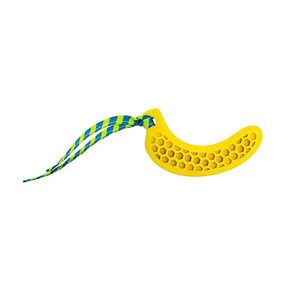 HHD Dentálna hračka pre šteniaka - banán prírodná guma s látkovým strapcom 12 cm